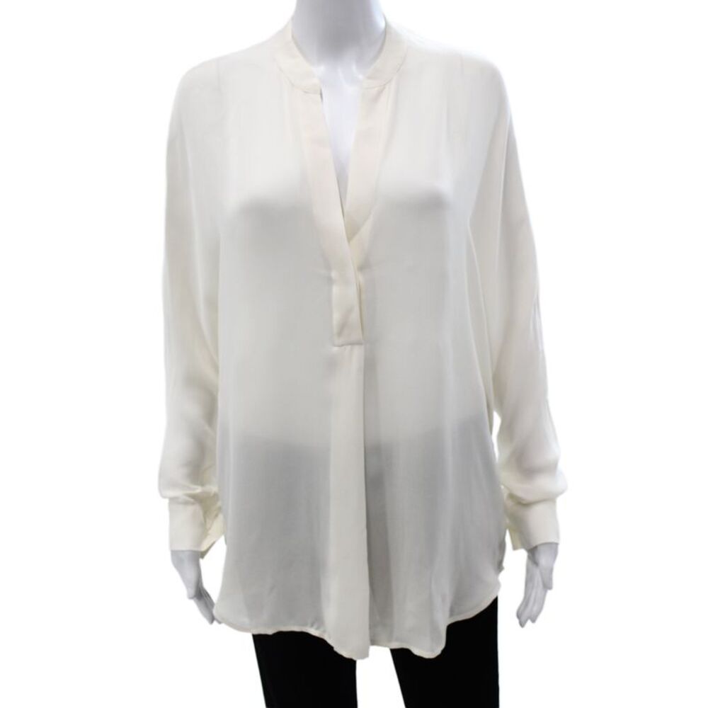 Vince Women Basic Silk V Neck Long Sleeve Ivory Blouse Pullover Size M